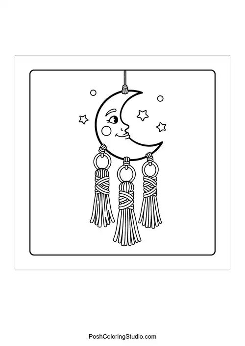 A crescent moon with geometric patterns and stars.