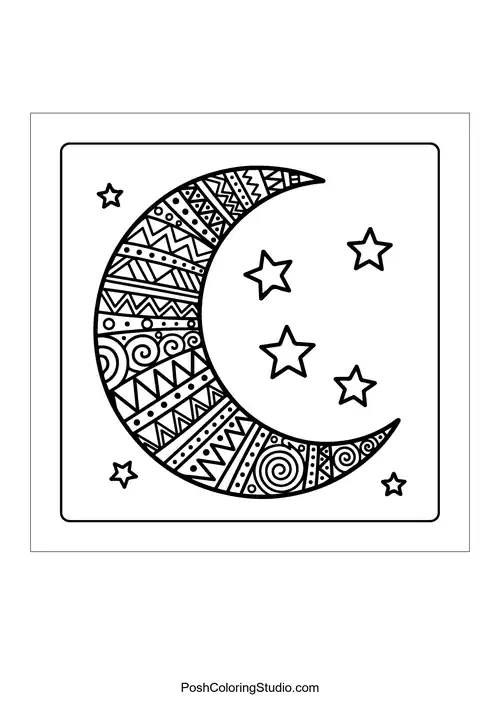 A crescent moon with hanging ornaments and stars.