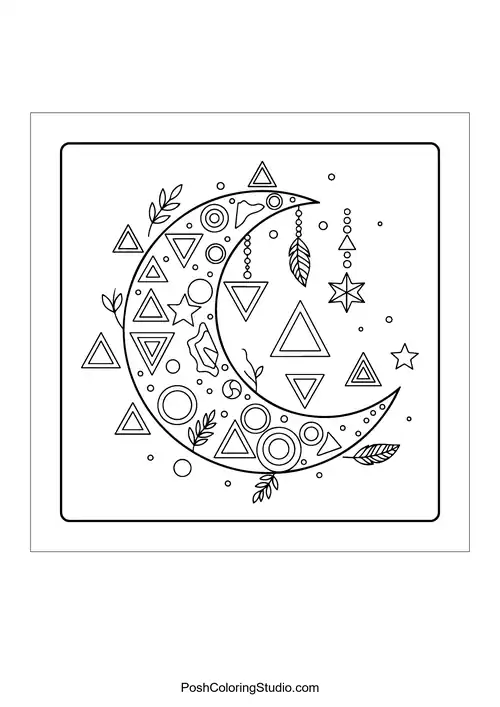 A crescent moon with floral patterns and feathers.