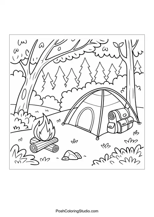 A camping scene with a tent and campfire at night.
