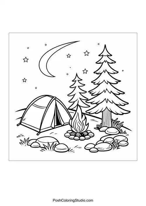 A camping scene with a tent and campfire.
