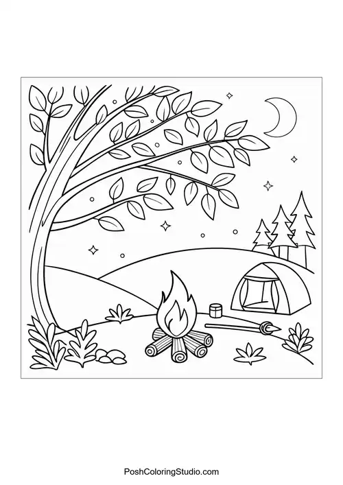 A camping scene with a tent and campfire.