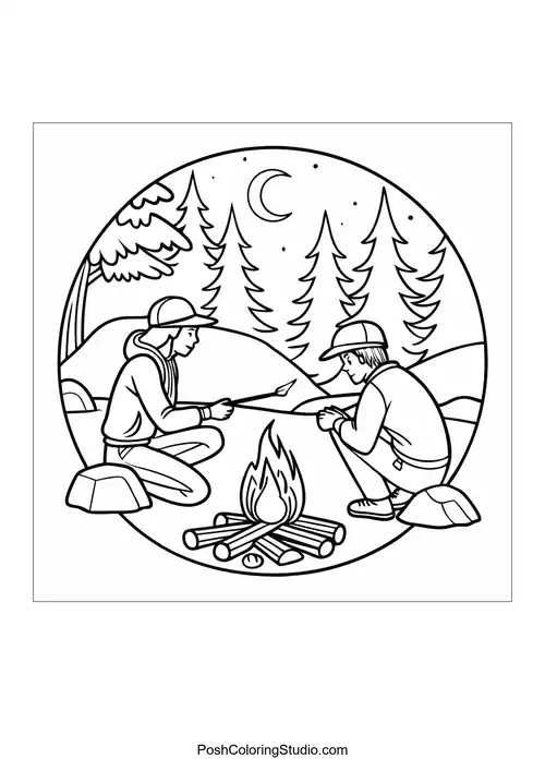 A camping scene with a tent and campfire.