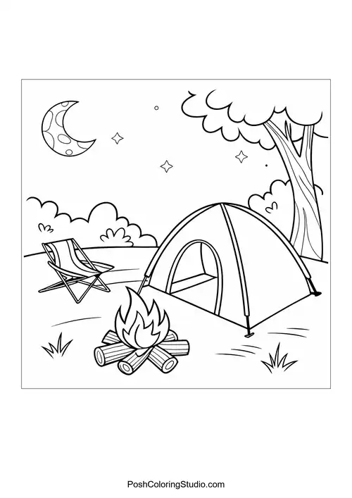 A camping scene with a tent and campfire.