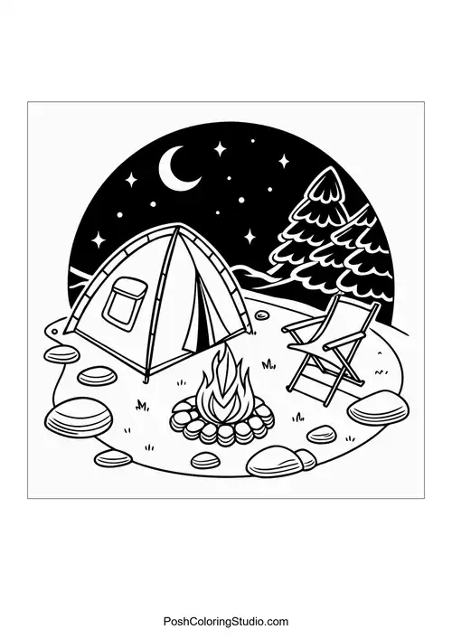 A camping scene with a tent and campfire.
