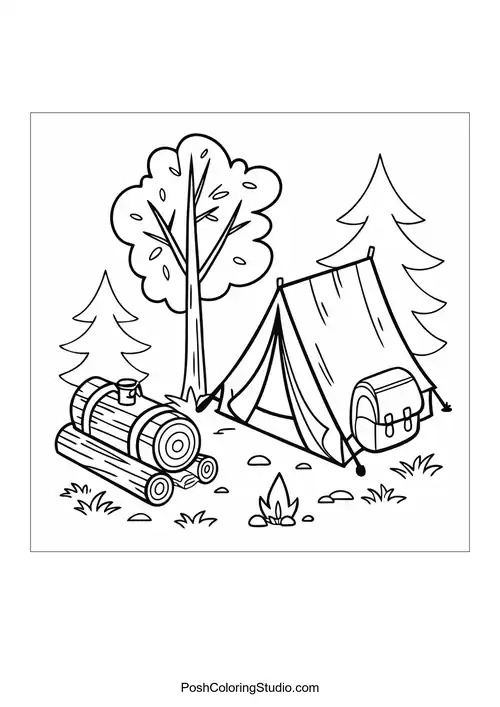 A camping scene with a tent and campfire.