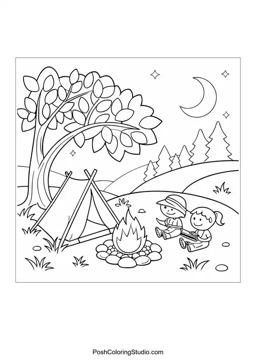 A camping scene with a tent and campfire.