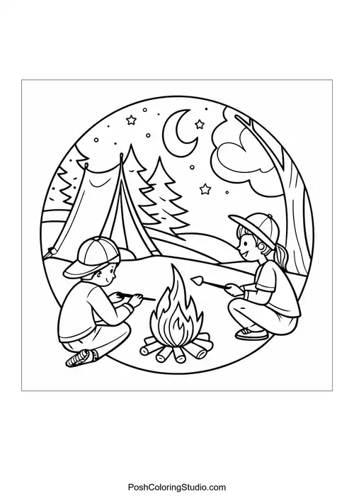 A camping scene with a tent and campfire.