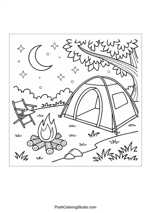 A camping scene with a tent and campfire.