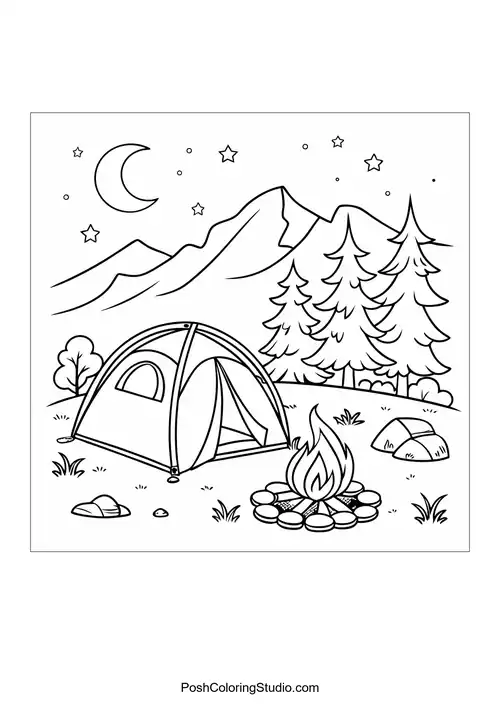 A tent and campfire under a starry night sky.