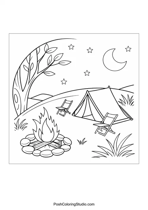 A camping scene with a tent and campfire.