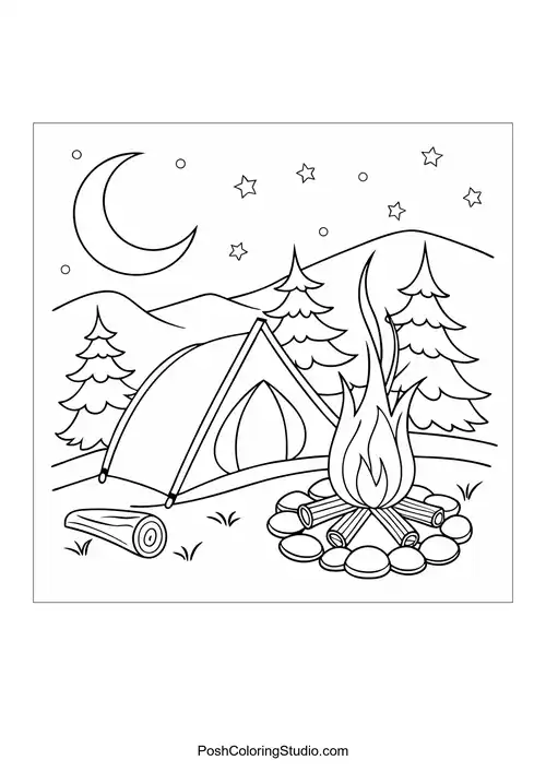 A camping scene with a tent and campfire.