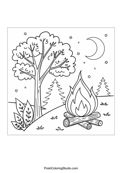 A camping scene with a tent and campfire.