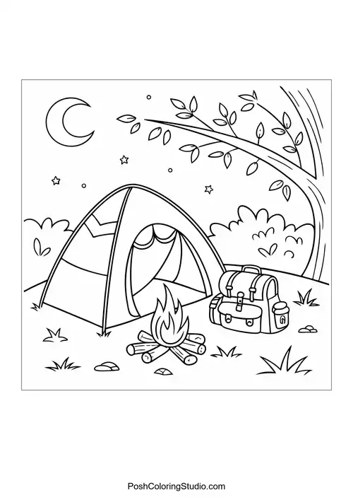 A camping scene with a tent and campfire.