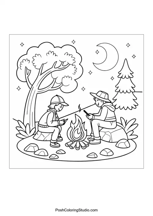A camping scene with a tent and campfire.