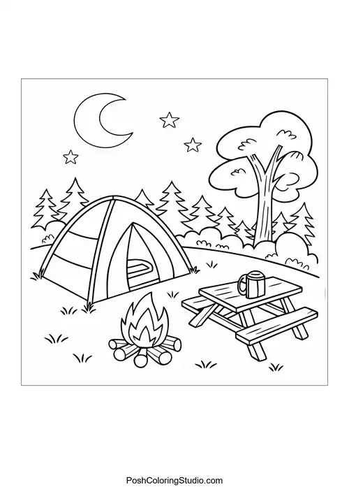 A camping scene with a tent and campfire.