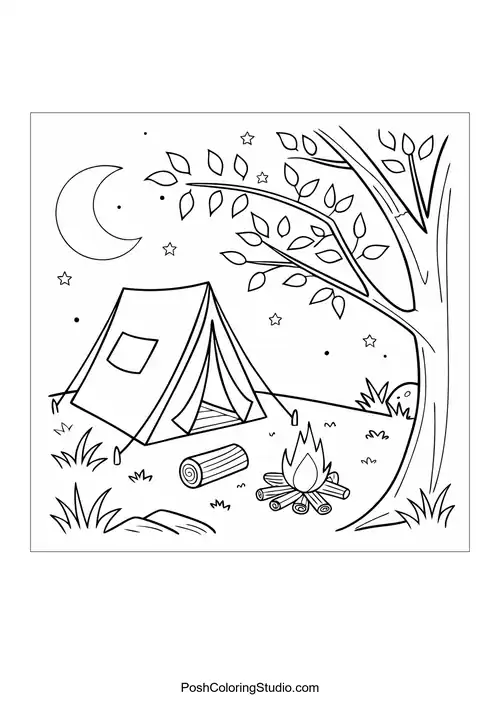 A camping scene with a tent and campfire.