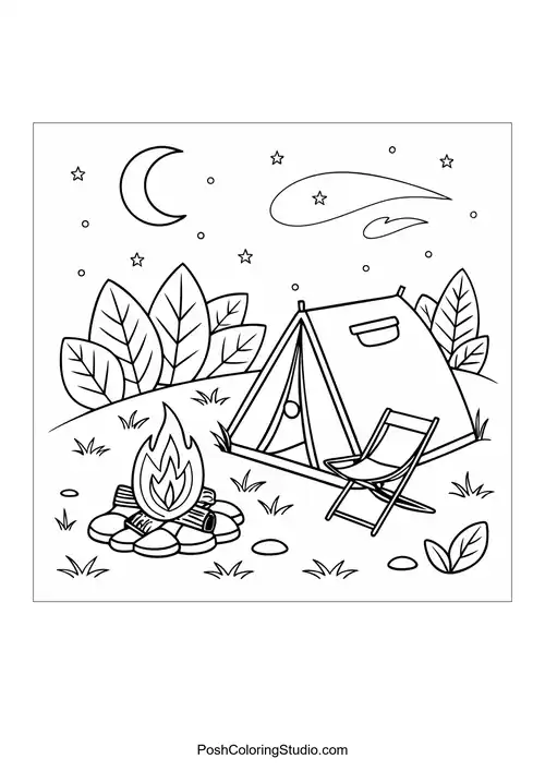 A camping scene with a tent and campfire.