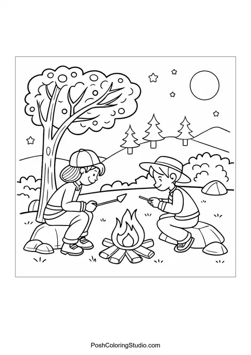 A camping scene with a tent and campfire.