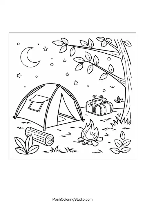A camping scene with a tent and campfire.