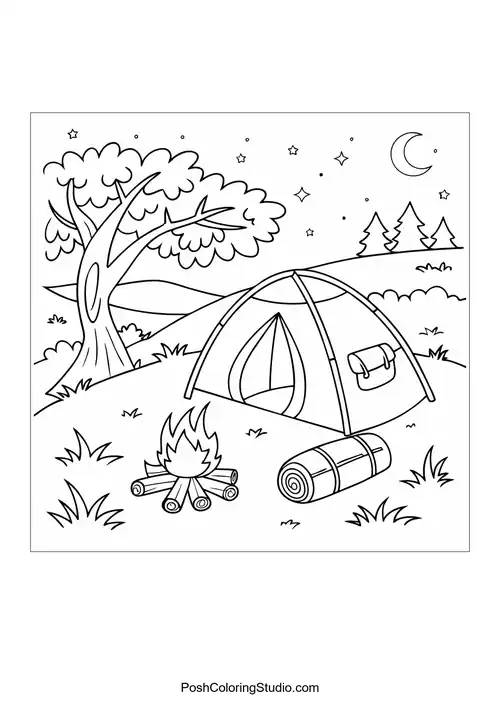 A camping scene with a tent and campfire at night.
