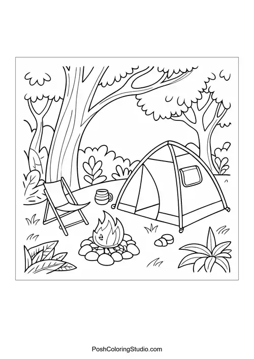 A camping scene with a tent and campfire.