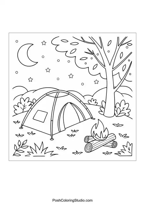 A tent beside a campfire under a starry night sky.