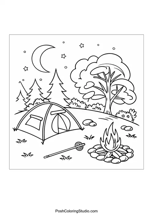 A tent and campfire surrounded by trees and stars.