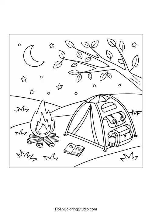 A tent with a backpack and an open book near a campfire.