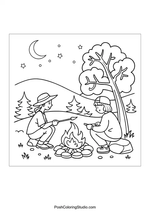 Two people roasting marshmallows over a campfire at night.