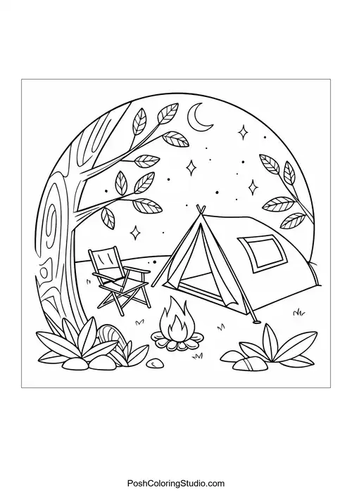 A tent, campfire, and a chair in a circular design.