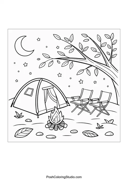 A tent and campfire with two chairs under a starry sky.