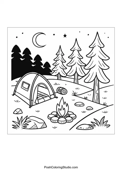 A tent surrounded by tall trees and a campfire.