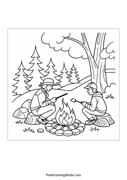 Two people cooking over a campfire with trees in the background.