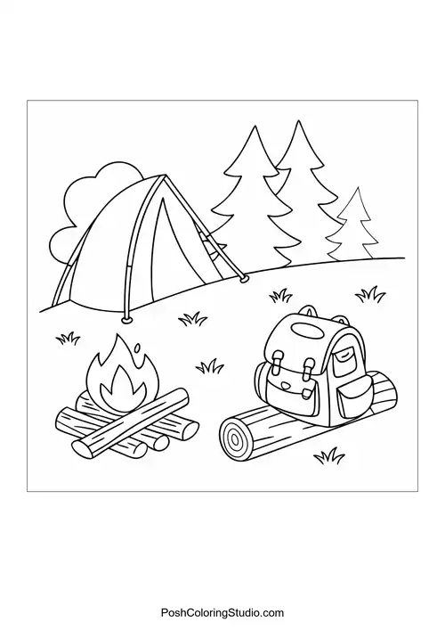 A tent, campfire, and a backpack near tall trees.