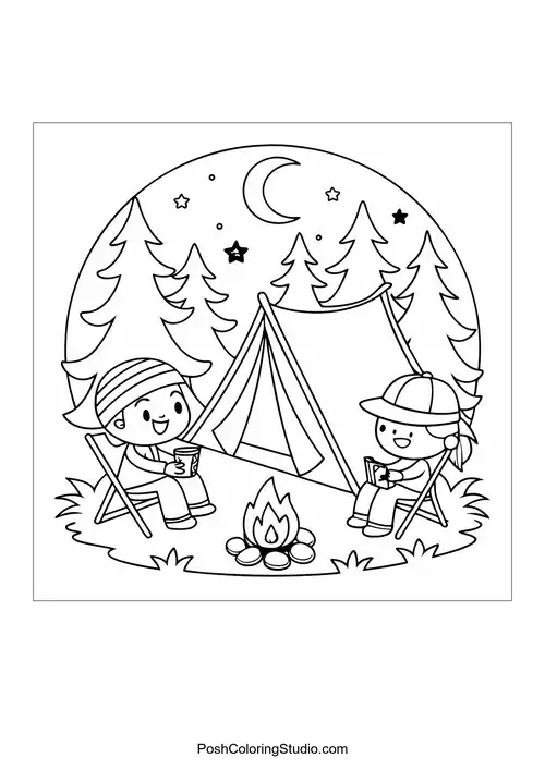 Two children sitting by a campfire with a tent.