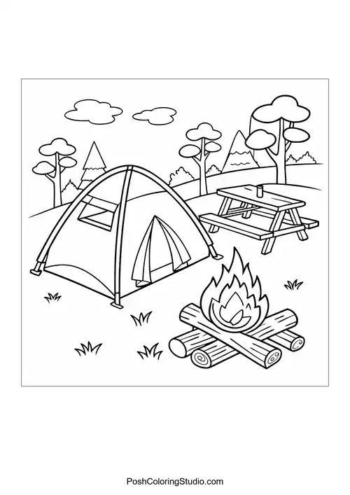 A tent and picnic table near a campfire in a park.