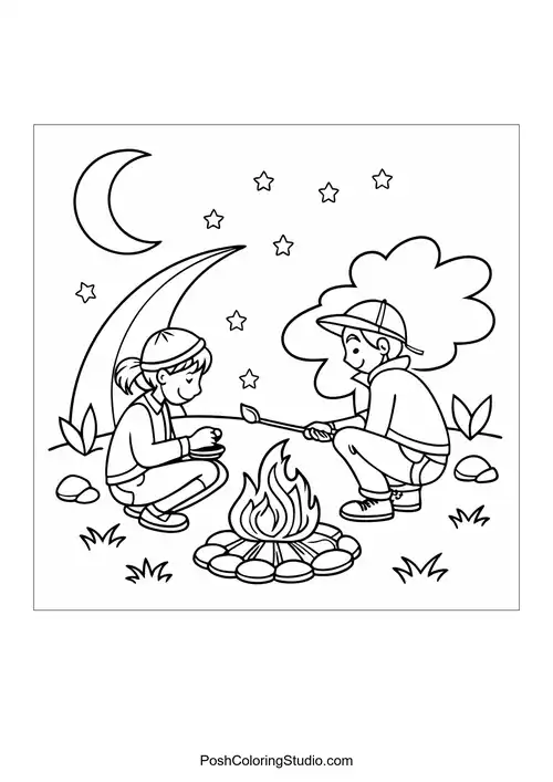 Two campers roasting marshmallows by a campfire at night.