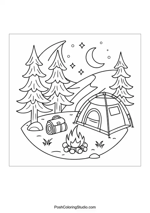 A tent with a campfire and a lantern in a forest.