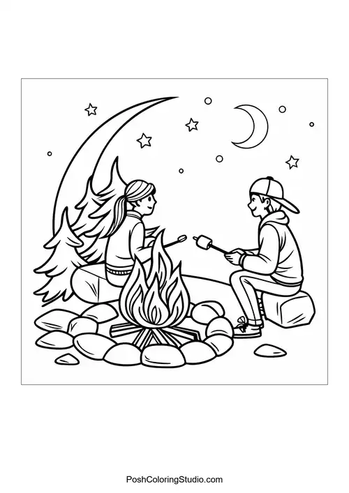 A tent and campfire with a scenic view of mountains.