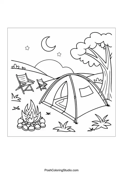 A tent and campfire surrounded by trees and rocks.