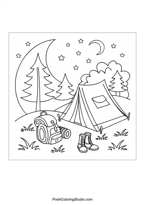 A tent and campfire with a picnic table in the background.
