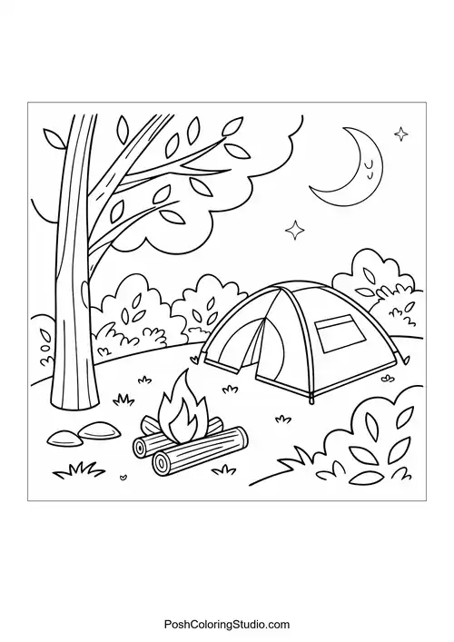 A tent with a campfire and a backpack in a forest.