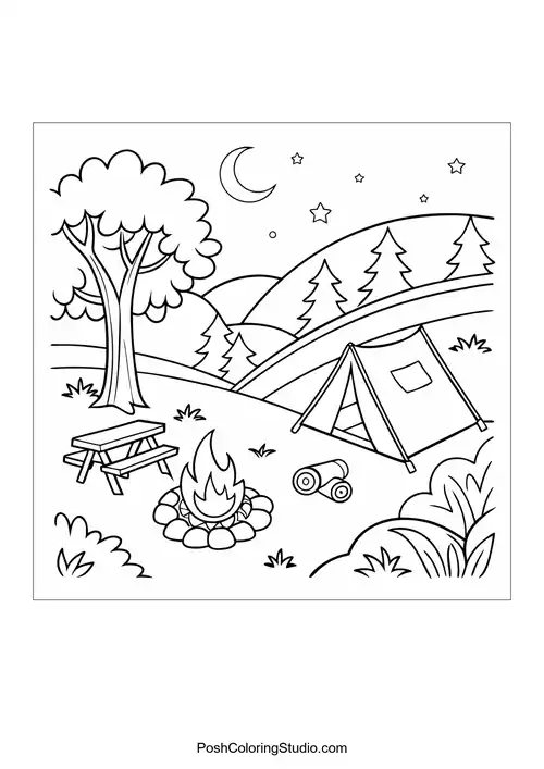 A tent and campfire with trees and rocks in the background.