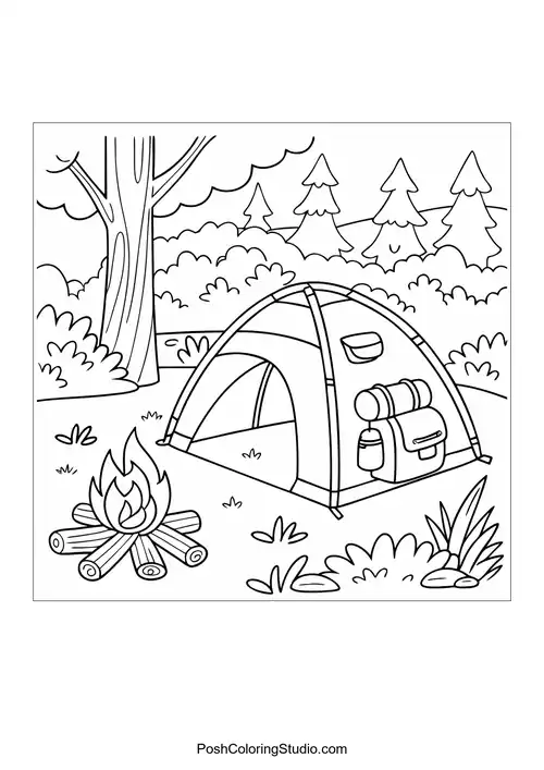 A tent and campfire with a scenic view of mountains.