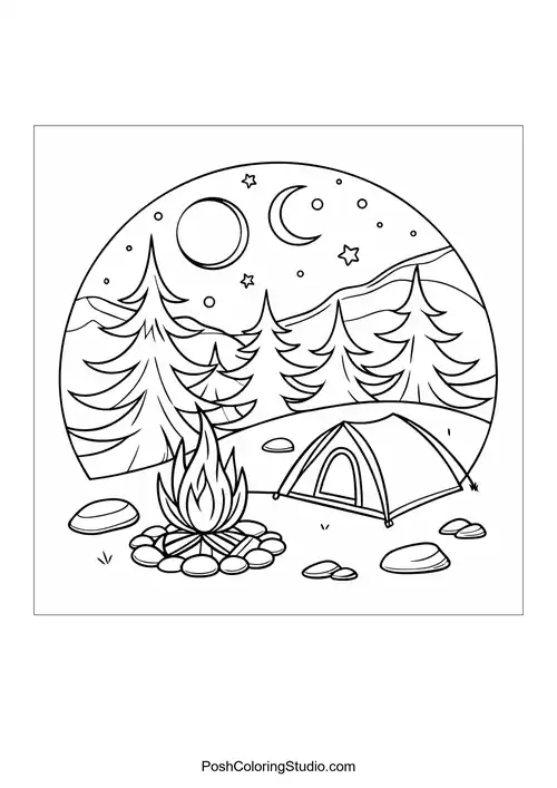 A campfire surrounded by trees and a tent.