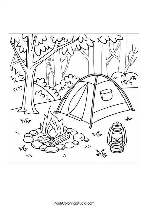 A tent and campfire surrounded by trees and rocks.