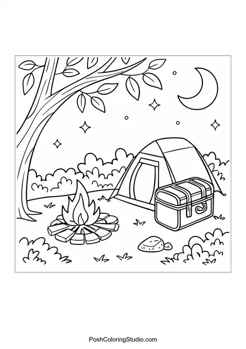 A camping scene with a tent and campfire at night.