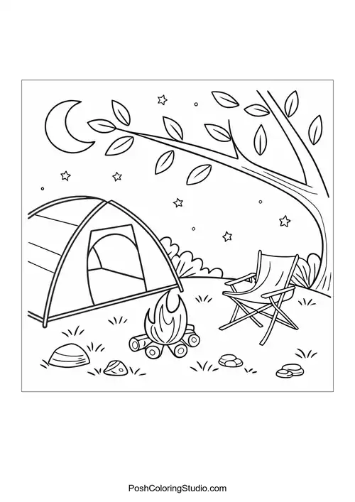 A camping scene with a tent and campfire at night.