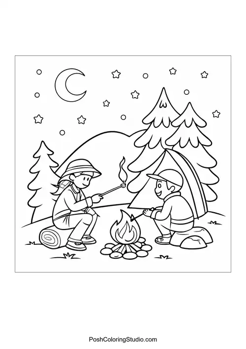 A camping scene with a tent and campfire.